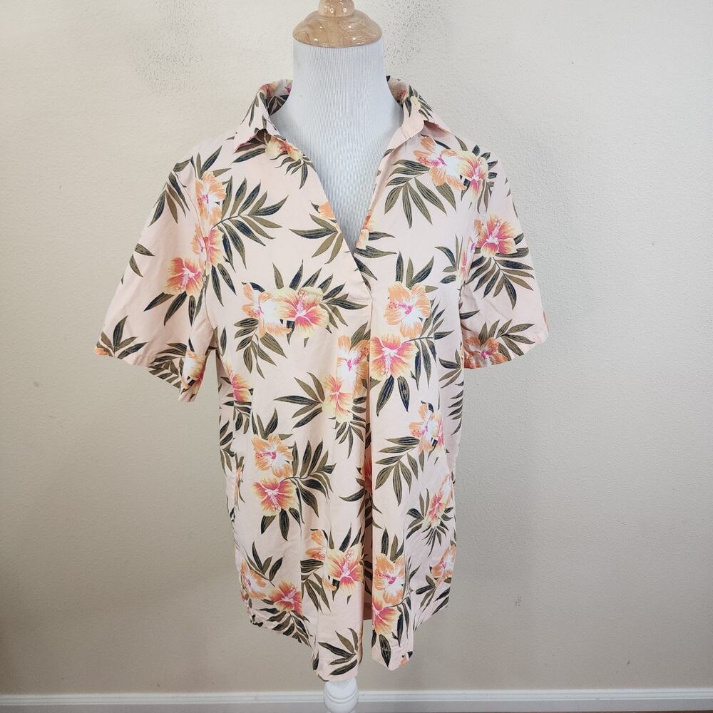 Lands End Women's Peach 100% Cotton Hawaiian Print Collared Popover Shirt Size M